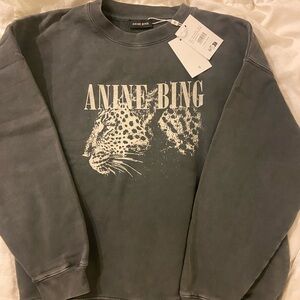 Anine Bing Gray Leopard Graphic Crewneck Sweater